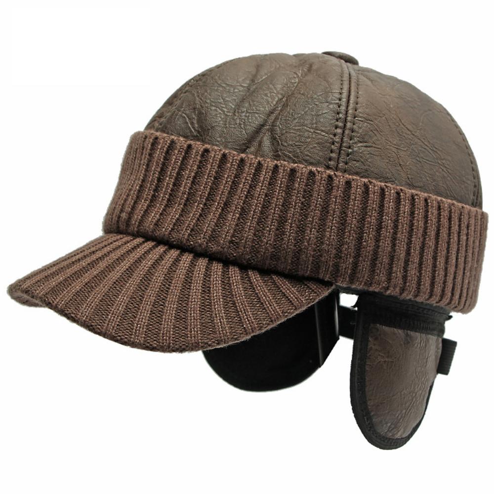 

HT4542 High Quality PU Leather Cap Thick Warm Winter Baseball Cap Men Baseball Hats Snapback Earflap Cap Dad Hats with Ear Flap XL 58-60cm кавовий