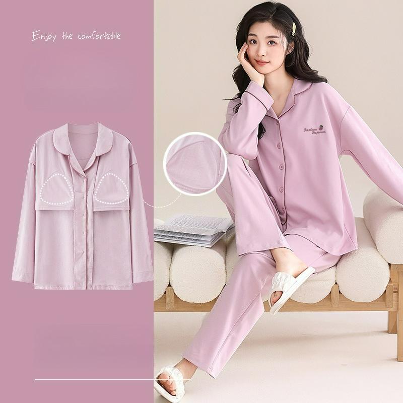 Spring and Autumn Pajamas, Women's Long-sleeved Trousers, Cotton Homewear, Sweet Solid Color Suit