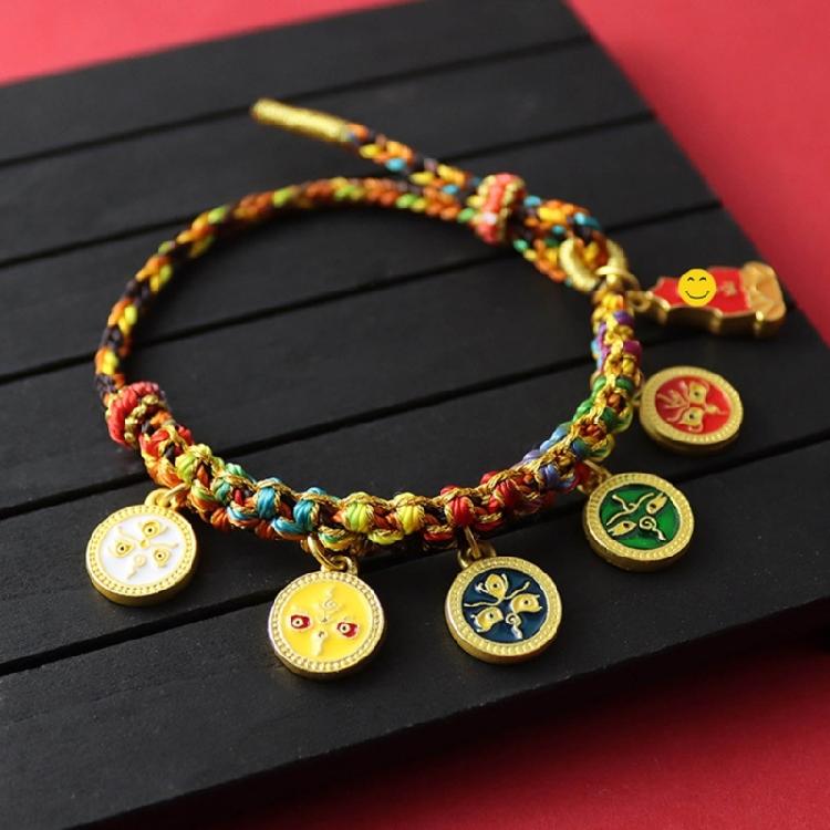 Adjustable Rope Bracelet Colorful Woven Handchain Five Way God of Wealth Bangle Handmade Unisex Jewelry Accessories