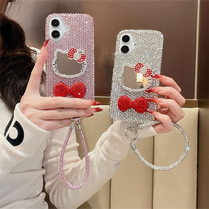 Rhinestone Kt Cat Mirror Premium Sense Mobile Phone Case for Iphone16Promax Bow Tie Apple 17 Lanyard Women's Model