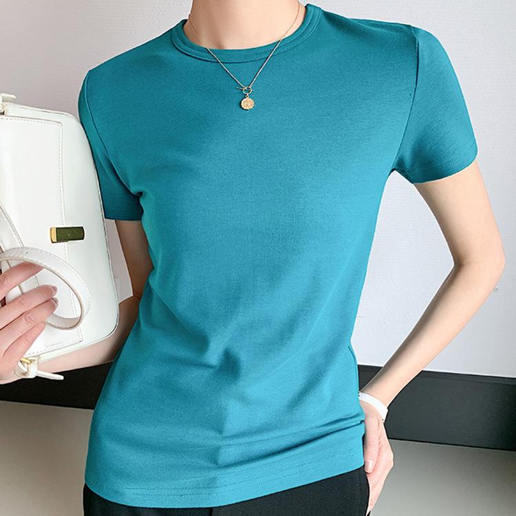 Round Neck Casual Short-sleeved T-shirt for Women's Solid Color New Mercerized Cotton Simple Slim and Versatile Top Loose