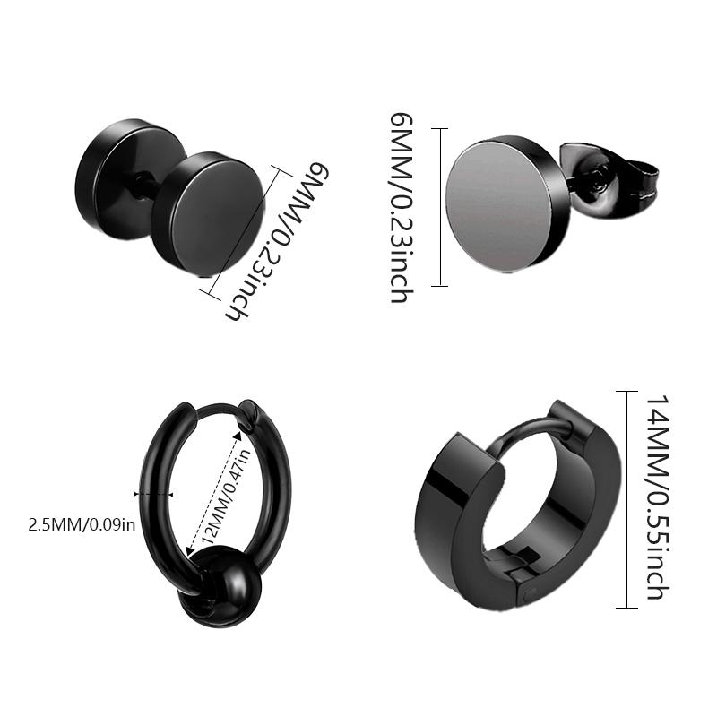 4 Pairs Mens Black Round Disc Huggie Hoop Stud Earrings Stainless Steel Faux Gauges Ear Tunnel Piercing Hypoallergenic Jewelry