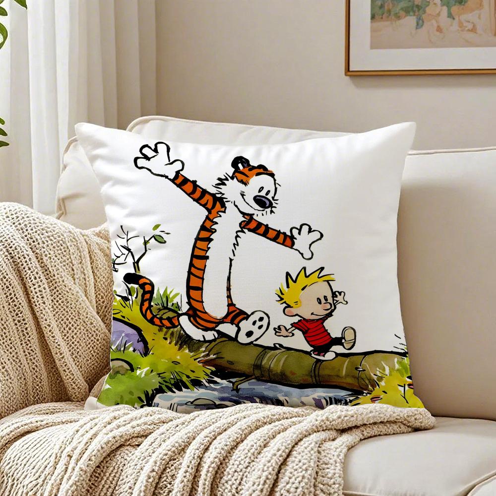 Cartoon C-Calvin And H-Hobbeses Cushion Cover Linen Pillowcase Soft For Sofa Bed Home Room Decor