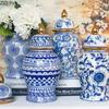 Gold Plated Blue and White Porcelain Ginger Jar with Lids Ceramic General Jars Retro Tea Caddy Floral Vases Desk Decoration