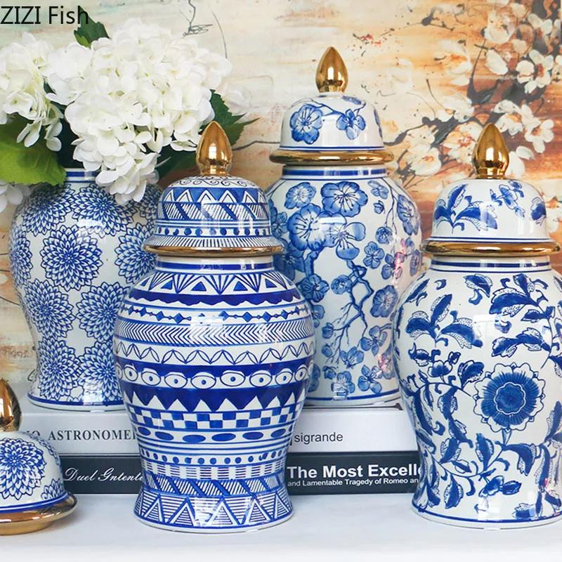 Gold Plated Blue and White Porcelain Ginger Jar with Lids Ceramic General Jars Retro Tea Caddy Floral Vases Desk Decoration