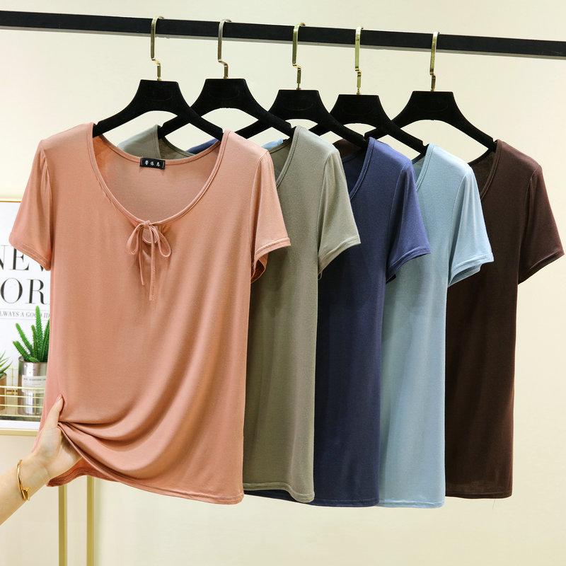 Korean Style Drawstring Modal Short Sleeve Tshirt Cute Slim Fit O Neck T-Shirt Lightweight & Soft Casual Tee Tops for Women Trendy Summer Basic Shirt