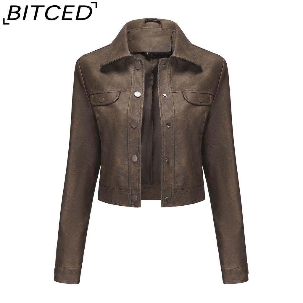 BITCED Spring/Autumn Lightweight Leather Jacket for Women Multi-Pocket Cardigan Style Casual Jacket Fashionable Trendy Everyday Outerwear