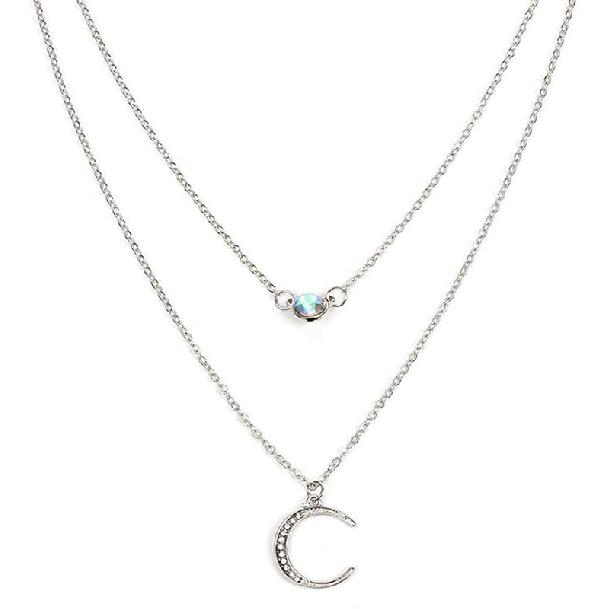 COLORFUL BLING Double Chains Moon and Sun Layered Choker Necklace Sunflower Opal Pendant Necklace Gift for Women F silver moon
