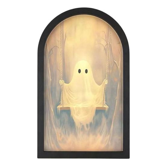 Acrylic Wood Spooky Sign Halloween Glowing Ghost Mirror, USB Light Up Scary Ghosts, Hologram Mirror Decoration Prank Decor for Haunted House