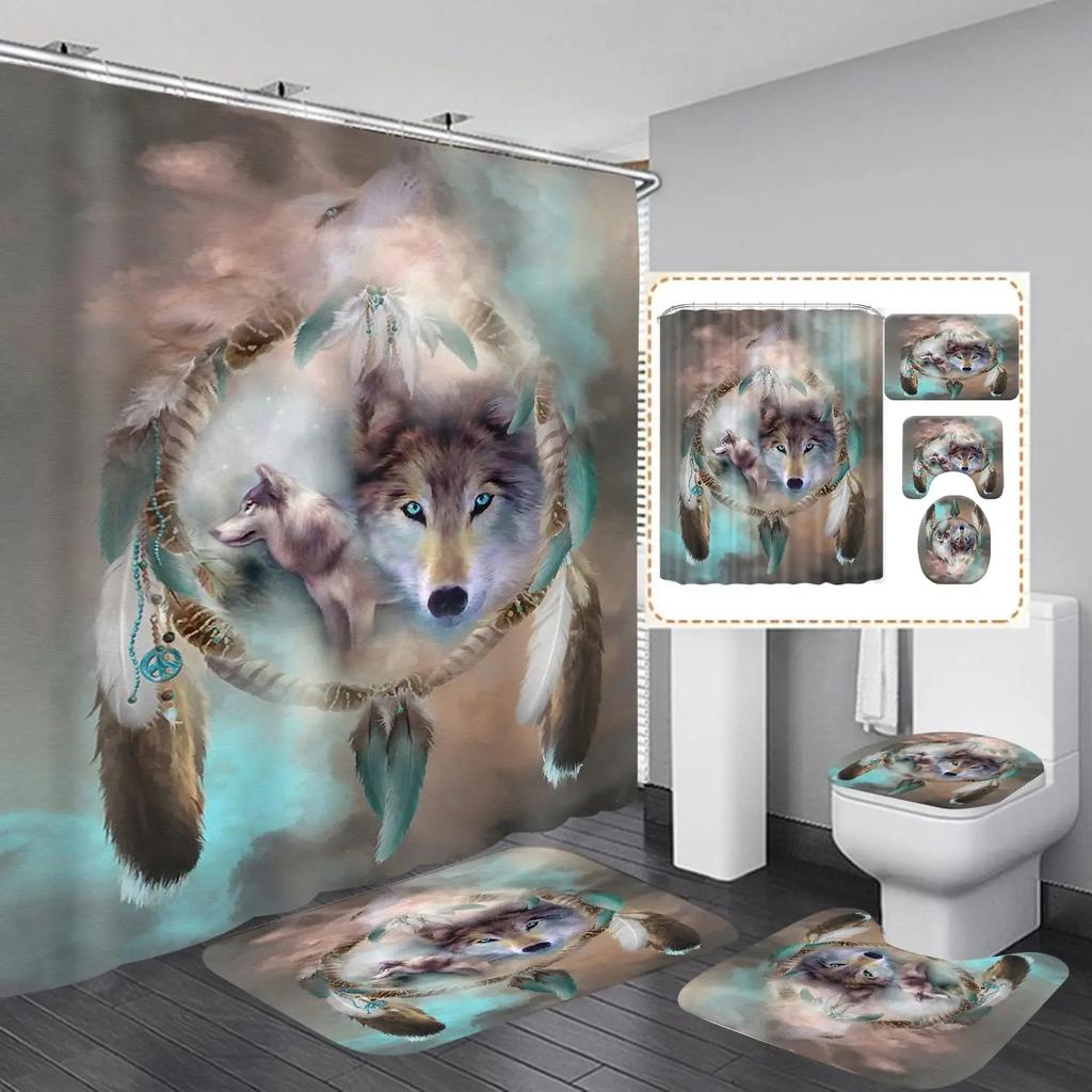 Mystery Wolf Animal Printed Shower Curtain Set With Bath Mat Anti-Slip Toilet Lid Cover Bathroom Set Carpet Home Decoration