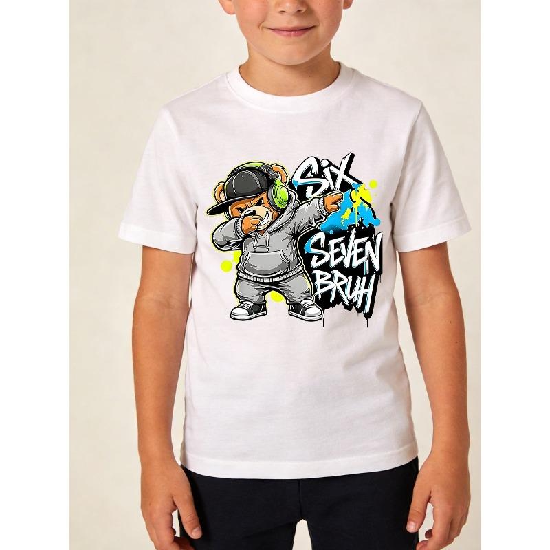 Kids Crewneck Short Sleeve T-Shirt, Hip Hop Cool Teddy Bear Street Style Print Summer Tee 110 белый