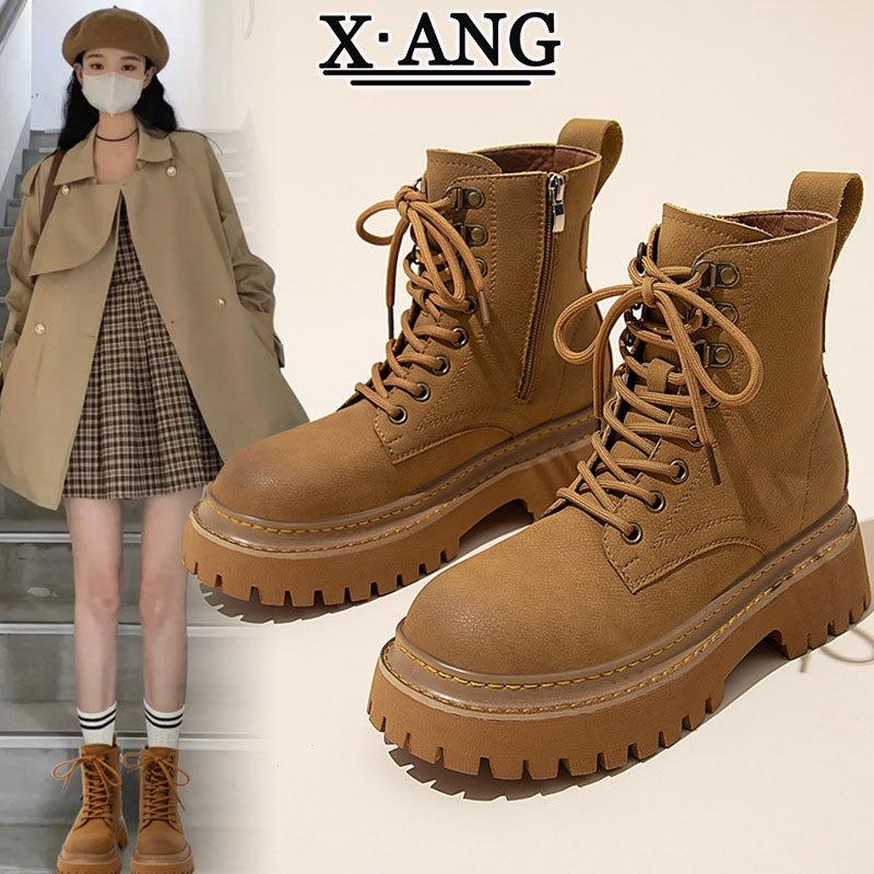 

Leather Martin boots women s thick-soled heightening short boots autumn and winter new rhubarb boots locomotive boots 40