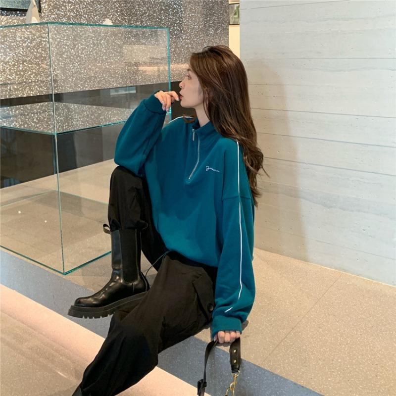 Stehkragen Sweatshirt Damen Herbst neue dünne Mantel lose koreanischen Stil Kordelzug halb Reißverschluss kurze Top Damen trendy