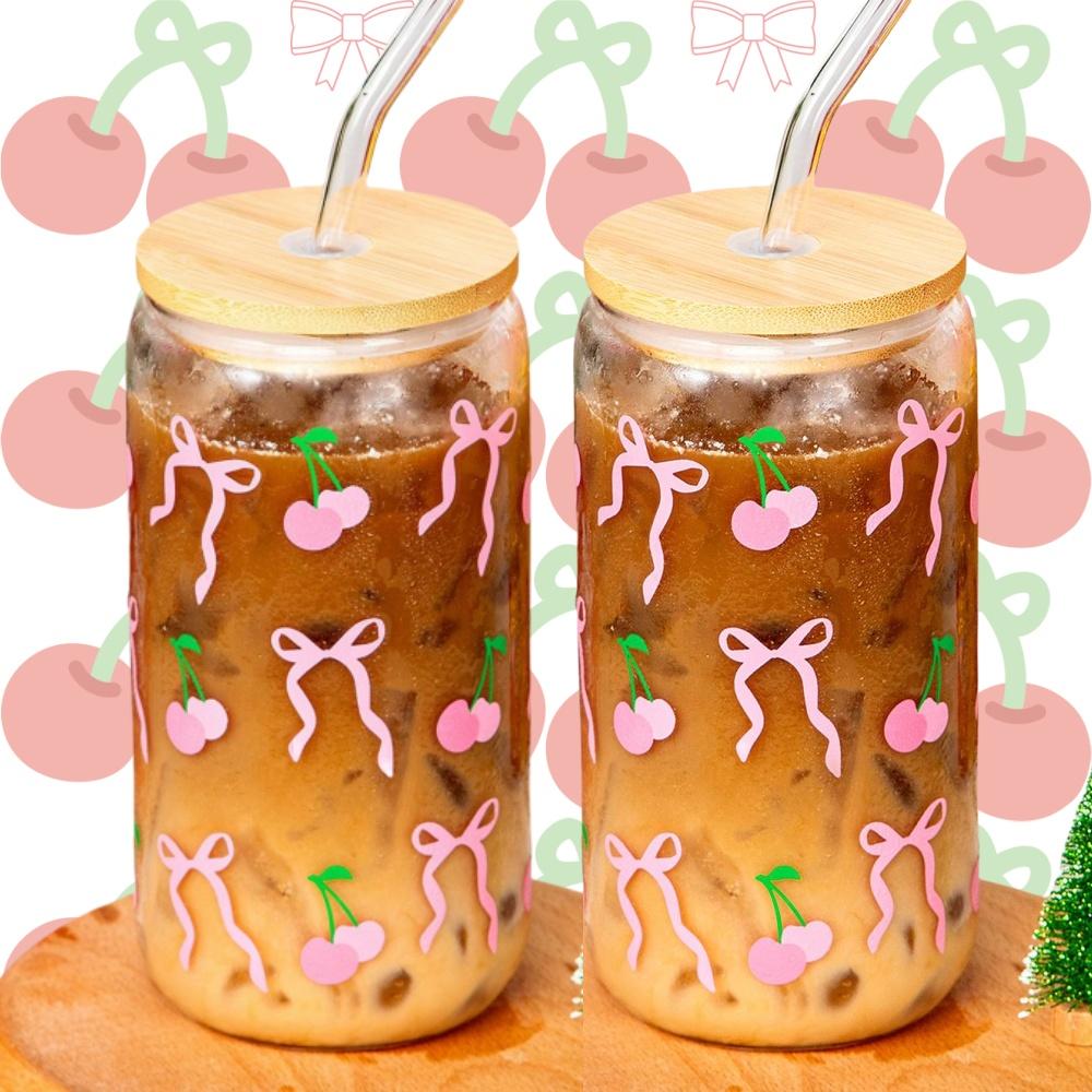 500ml/16.9oz Sklenice s třešňovým mašlí, Tumbler ve tvaru zednické sklenice, Láhev na vodu s víčkem a brčkem, na ledovou kávu, džus, nápojový pohár, dárek