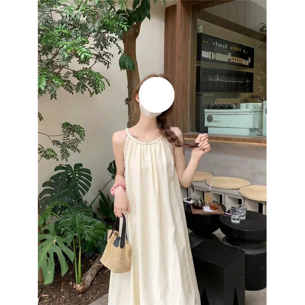 French Gentle Wind Sleeveless Neck-hanging Off-the-shoulder Dress for Women's Summer High-end Temperament Loose Belly-covering and Thin Dress