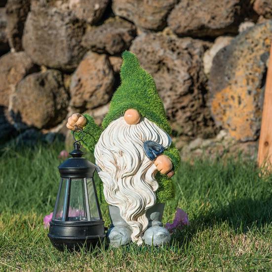Garden Gnome Solar Light Dwarf Statue Holding Solar Lantern Flocked