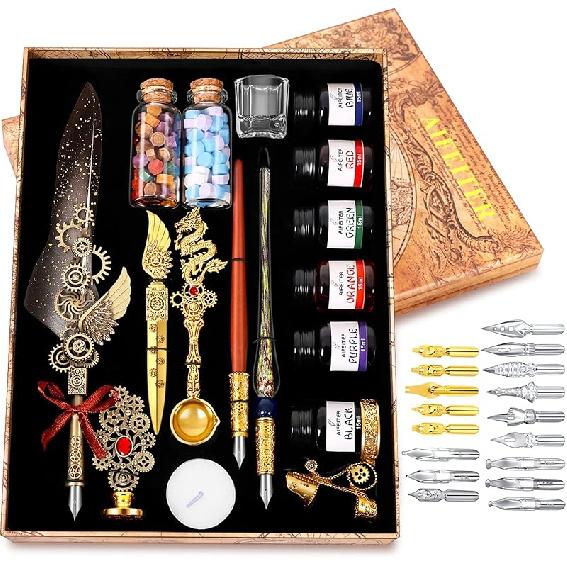 Quill Pen Ink Set-Feather Calligraphy Pen and Ink Set,Includes 6 Bottles of Ink,Quill Pen,Glass Dipping Pen,Wooden Dipping Pen,17 nibs,8 Sheets of