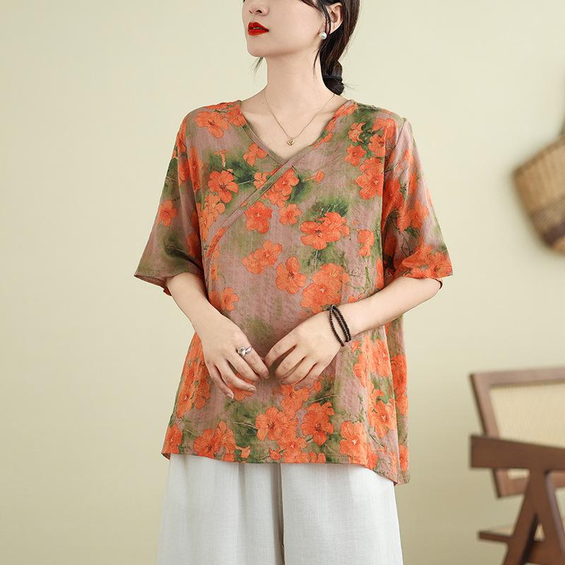 Cotton and Linen Large-size Women's Clothing for Summer Light, Loose and Versatile Casual New Chinese Style Irregular Five-point Sleeve Top