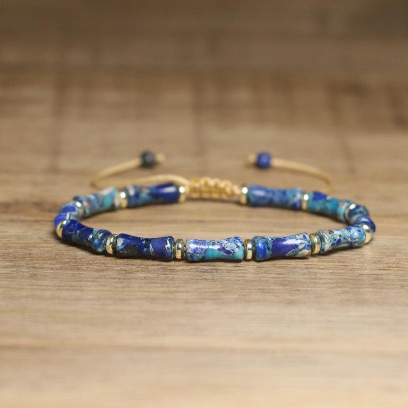 Blue Impression Jasper Tube Bead Bracelet – Gold Accent Adjustable Boho Jewelry, Protection Luck Gift for Women