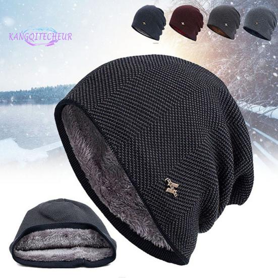 

Men Hat Solid Color Double Layers Autumn Winter Ear Protection Knitting Hat for Outdoor