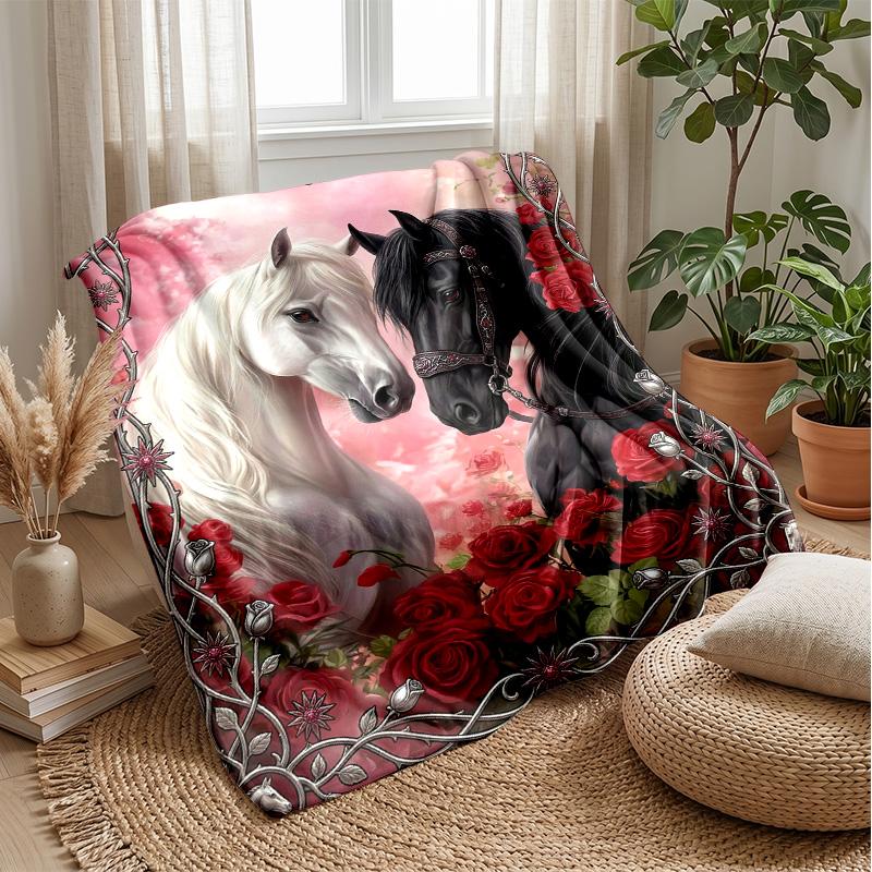 Horses in Ornate Frame Theme blanket Lightweight Warm Flannel Blanket Decorative Throw Blanket for Home Decoration