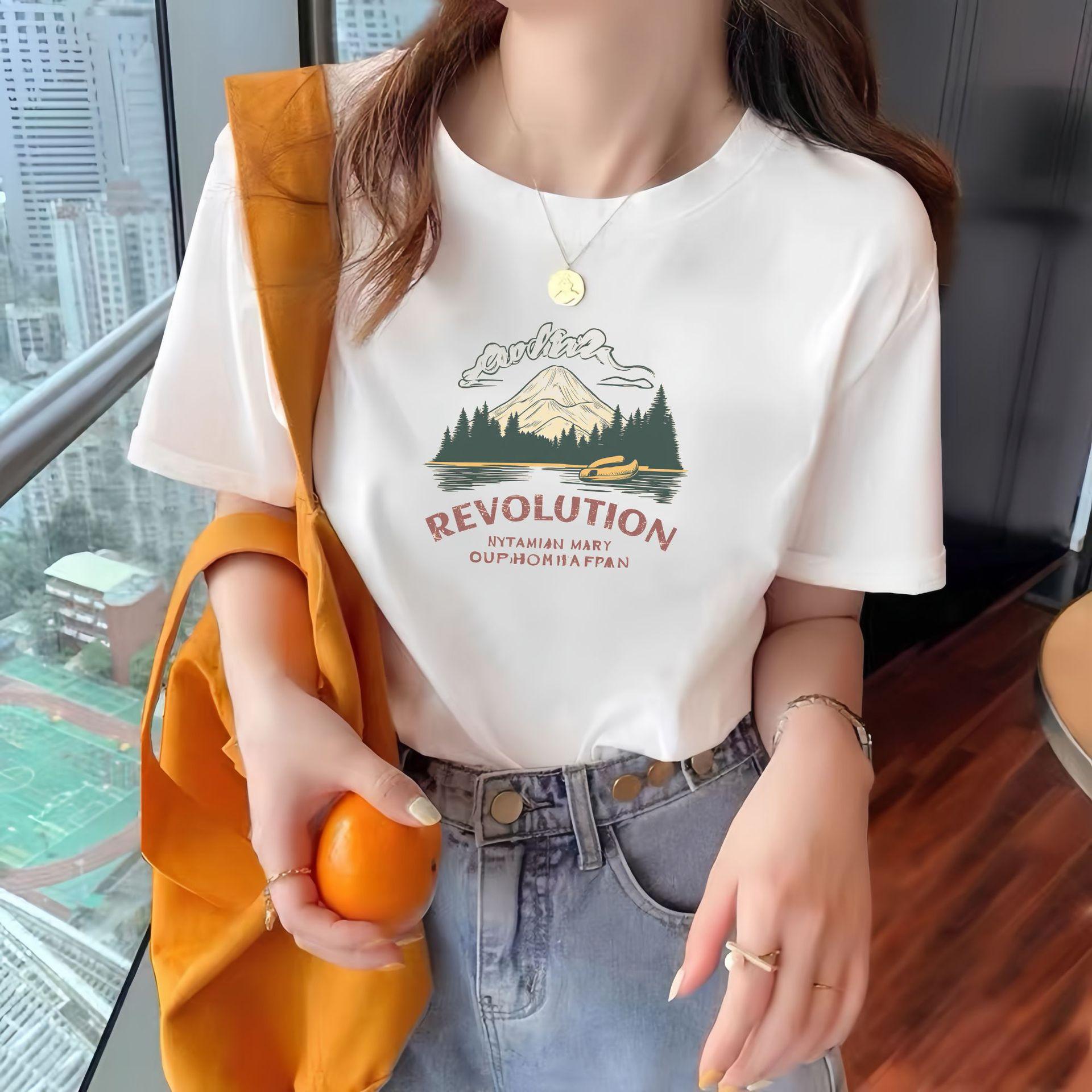 

Korean version loose round neck foreign style printing versatile original style top trendy women s pure cotton short-sleeved t-shirt women s summer XXXL