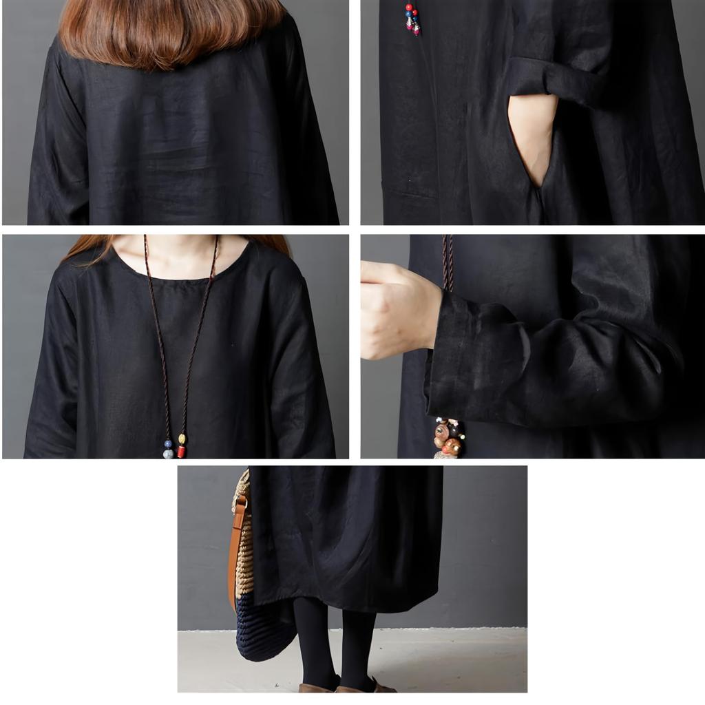 Cotton Linen Long Solid Color Round Neck Fashion for and Plus Size Dress [JINJUDUO] Loose-fitting Dress, Spring, Summer, Fall, (Black, M)