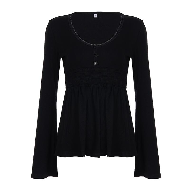 Women s Black V-Neck Long Sleeve Top with Lace Trim and Ruffle Hem S чёрный