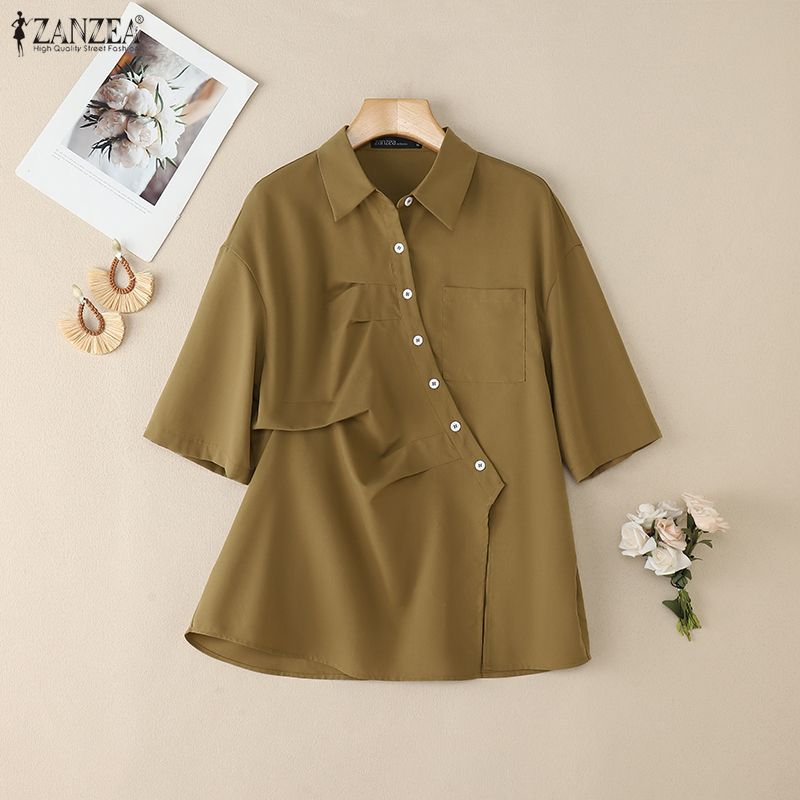 ZANZEA Kvinner Casual Turn Down Krage Sommer Kortermet Bluse