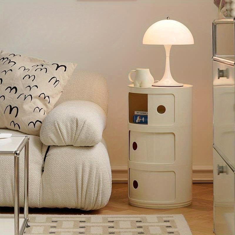 Modern White Plastic Circular Bedside Table - Creative Mini Storage Cabinet with Shelf, Simple & Space-Saving Nightstand