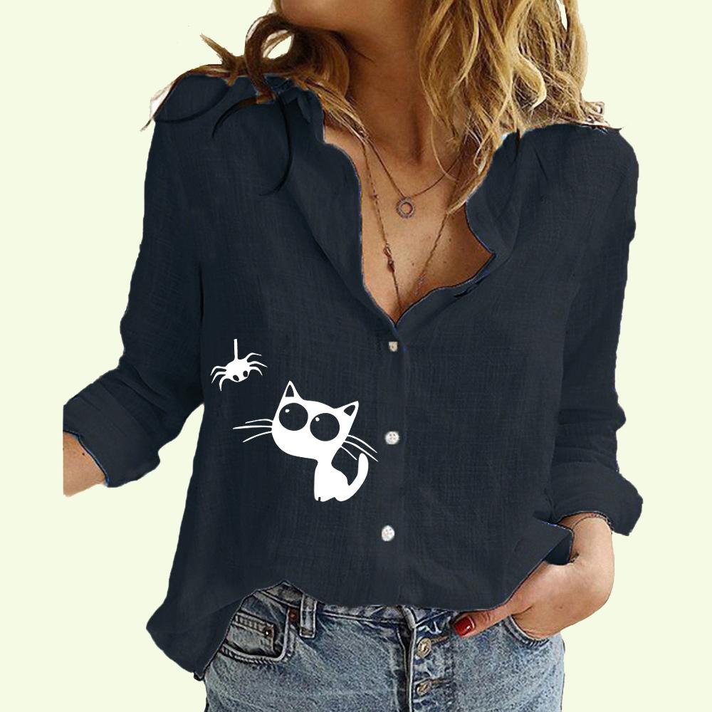 Women Lapel Neck Fashion Shirt Spring&Autumn Cotton Linen Top Ladies Casual Summer Print Blouse