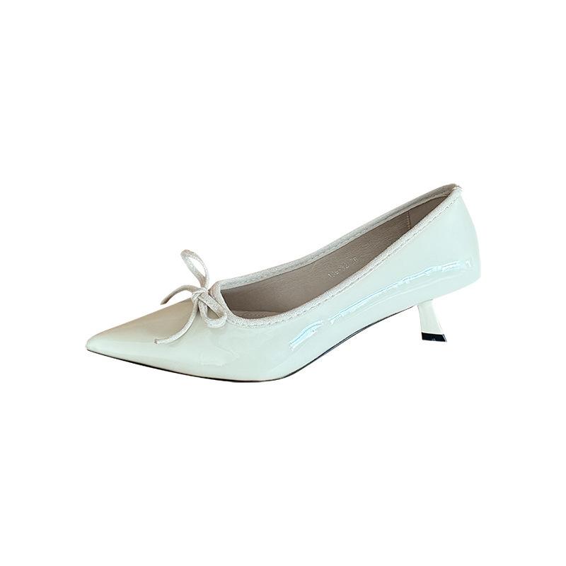 Gentleness • Rice apricot bow high heels women's 2025 new spring and summer patent leather shoes