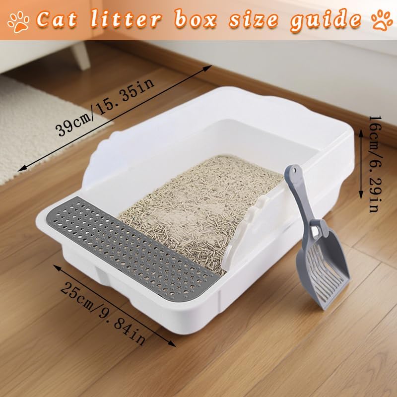 Open Cat Litter Box with High Side,Anti-Splashing Cats Litter Pan,Kitten Litter Box with Litter Sifter and Litter Mat,Semi-Enclosed Removable Kittens