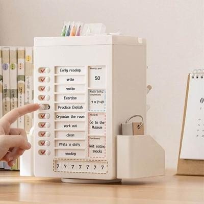 W89C Multifunctional Pen Holder with Chores Chart Checklist Task Board, Rotating Obliqued Pen Holder Office Desk Organisers