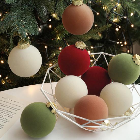 Yousheng 6Pcs Christmas Ball Ornaments Flocking Rustic Distressed Hanging Balls with Loop Farmhouse Xmas Decoration