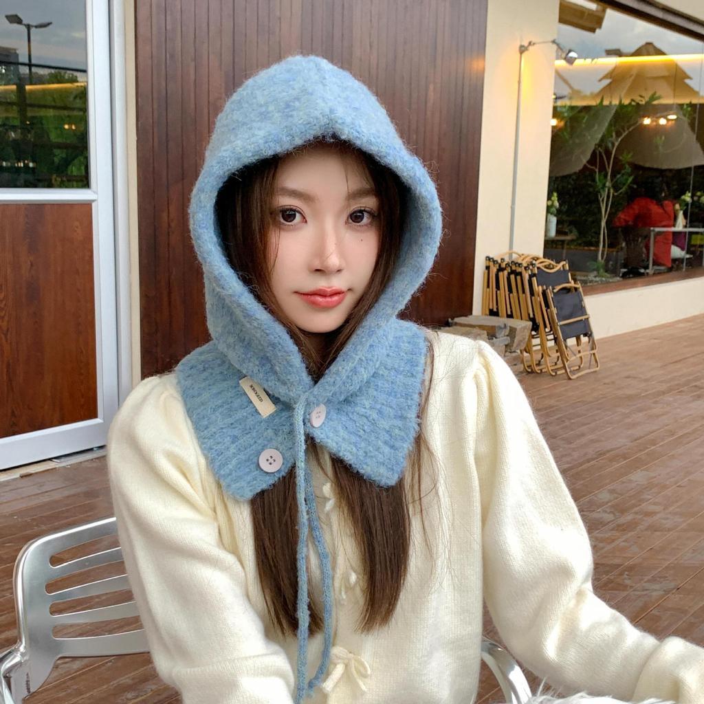 Korean Balaclava hat and scarf integrated women's autumn and winter warm ear protection hooded scarf knitted wool hat