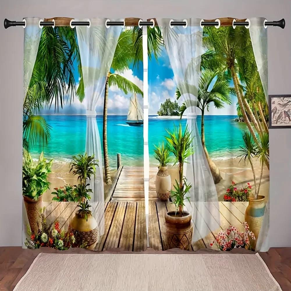 3D Natural Scenery Landscape Seascape Seagull Window Curtains Blinds For Living Room Bedroom Bathroom Kicthen Door Home Decor2Pc
