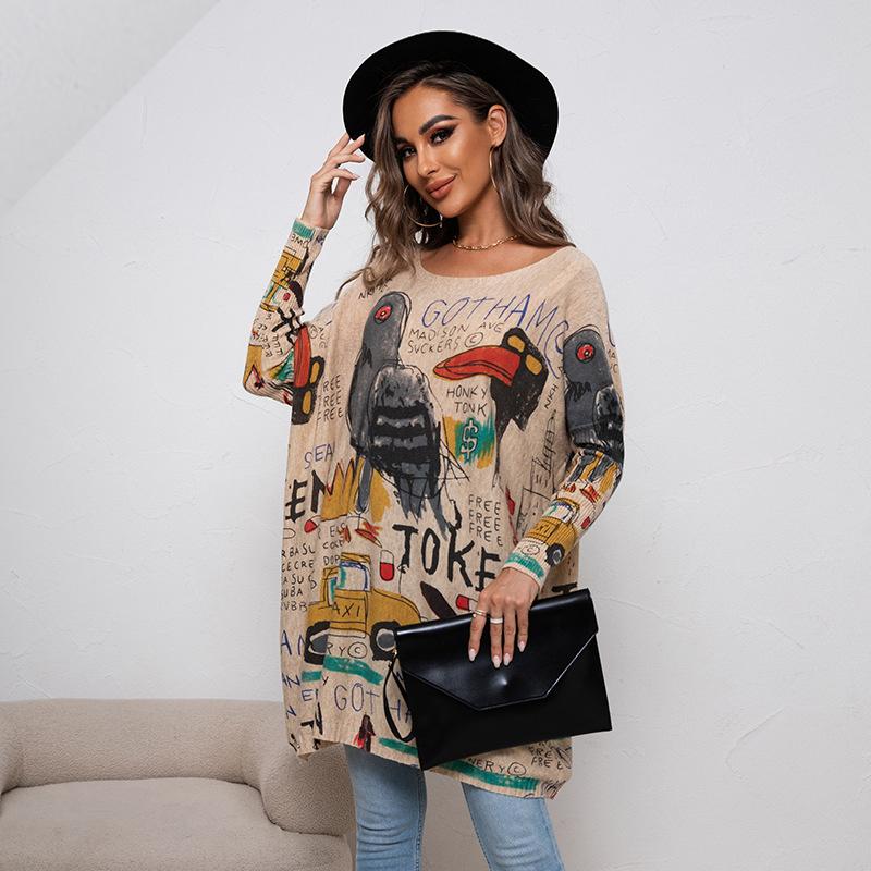 Herbst Damen Strickwaren Übergröße Cartoon Bedruckter Pullover Langarm Casual Pullover Loses Hemd Top