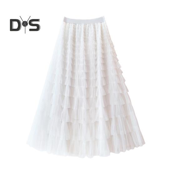 Dámská dortová sukně Jednobarevná sukně středního pasu Dlouhá sukně s elastickým pasem Síťovaný lem A-linii Maxi sukně pro každodenní nošení