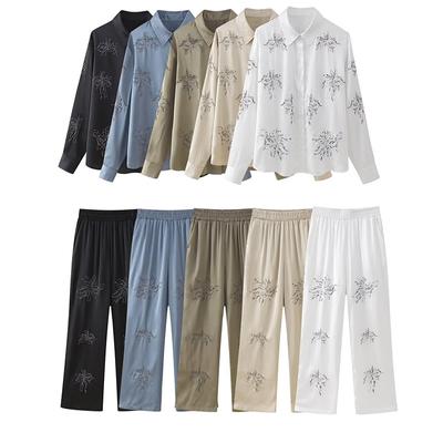 Conjunto de calças retas com gola virada para mulheres, camisa bordada com contas e cintura alta, primavera outono e verão