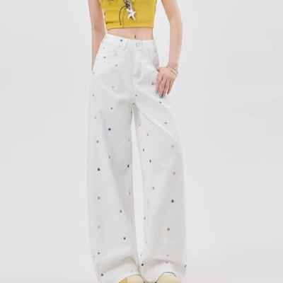 2025 Damen High-Waist Jeans mit Blumenstickerei und weitem Bein