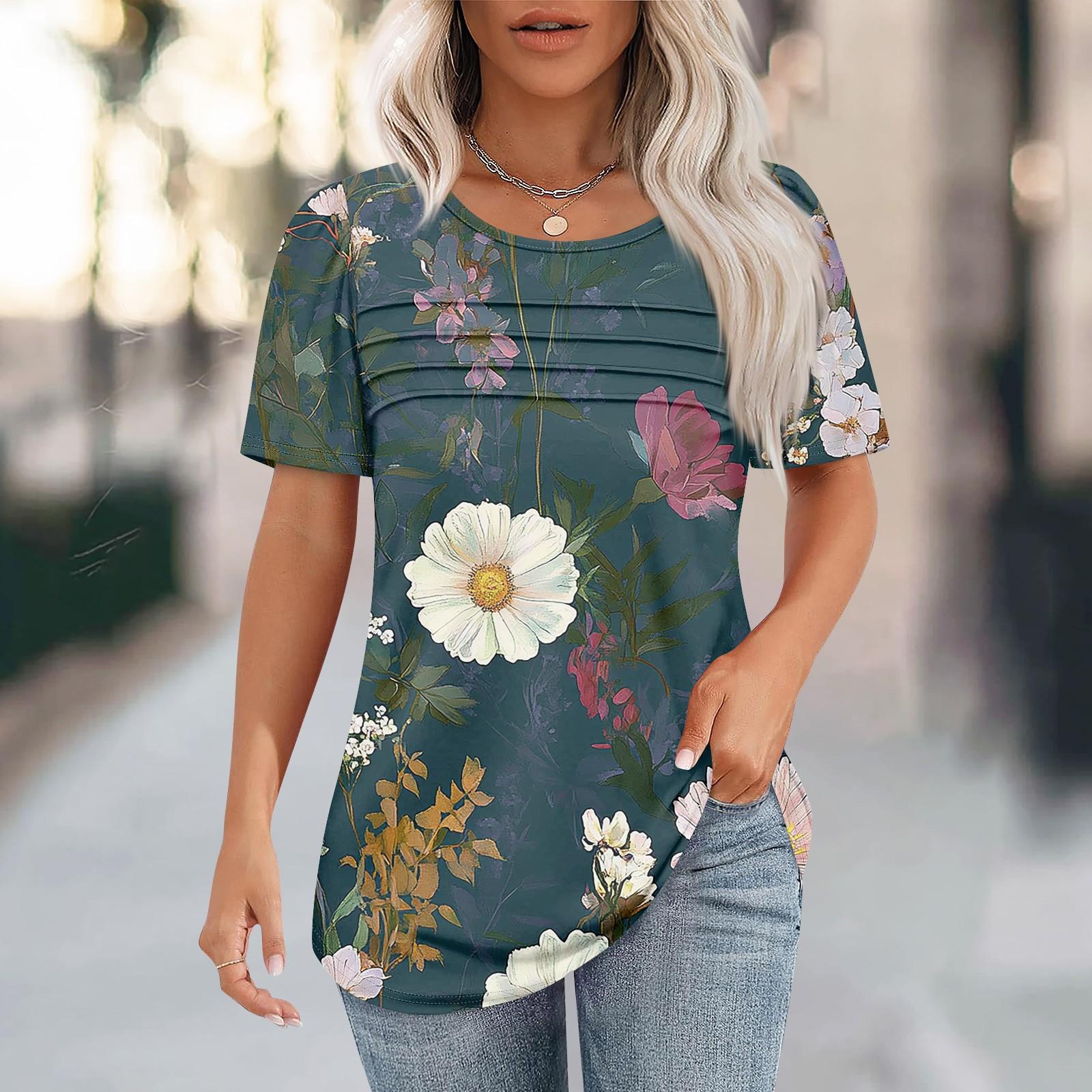 

Женская плиссированная футболка с круглым вырезом и ботаническим принтом, короткий рукав XL