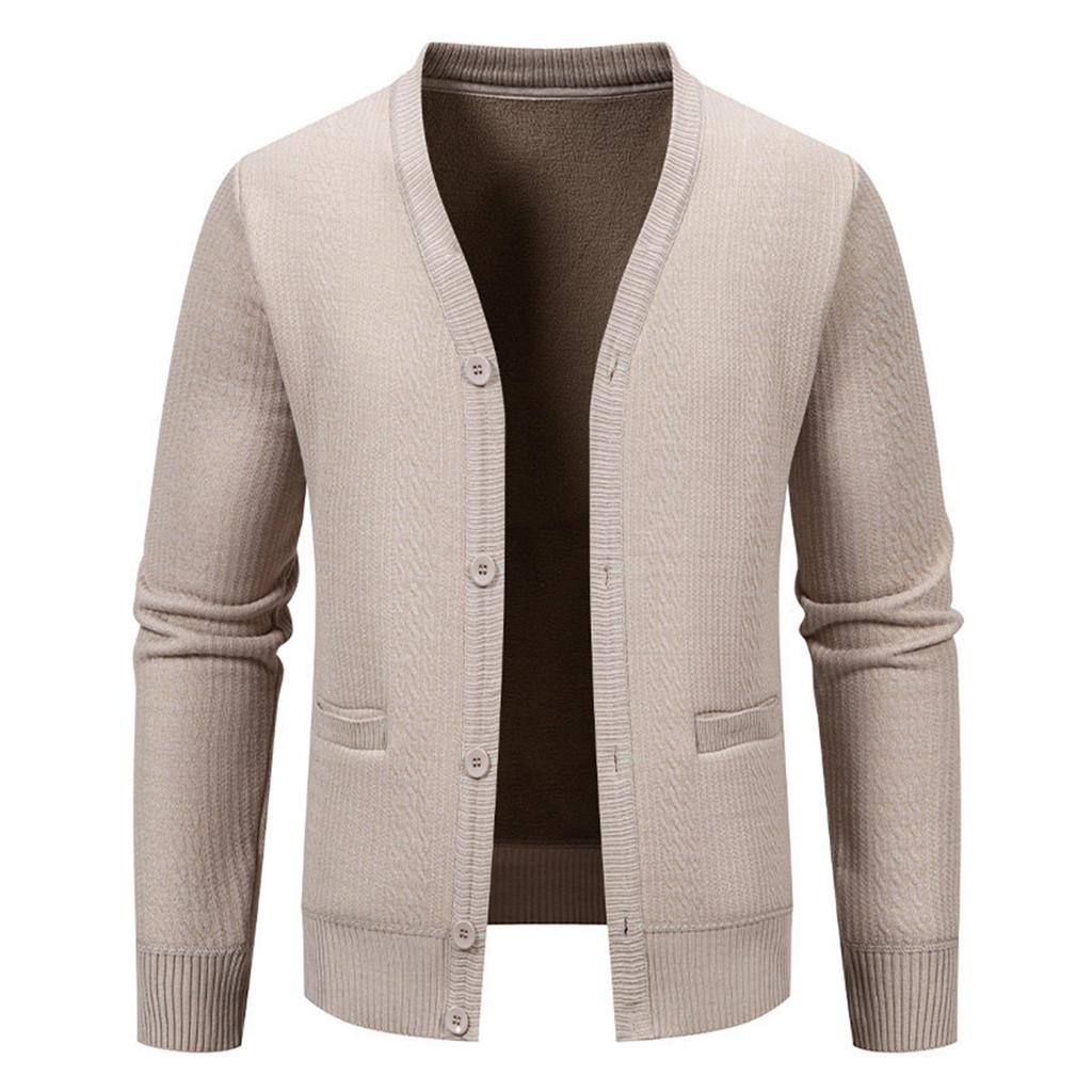 Men's Solid Color Textured Pockets Plush Thick Warm Casual V-neck Sweater Jacket