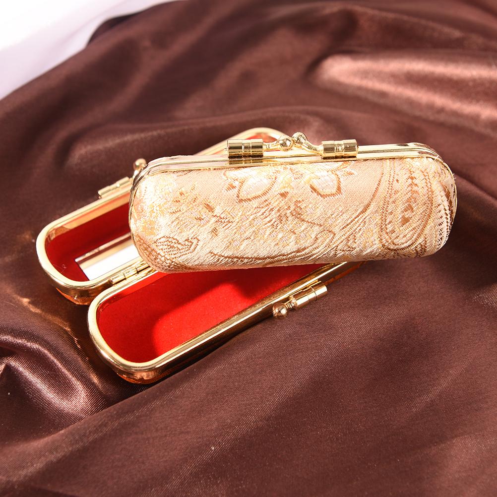 Portable Mini Makeup Silk Box Retro Flower Design Iron Clip Lipstick Case Holder With Mirror Ring Necklace Earring Storage