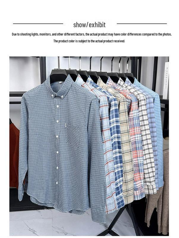 Herr Premium Långärmad Rutig Bomullsskjorta: Nedvikt krage, Vår/Höst Business Casual