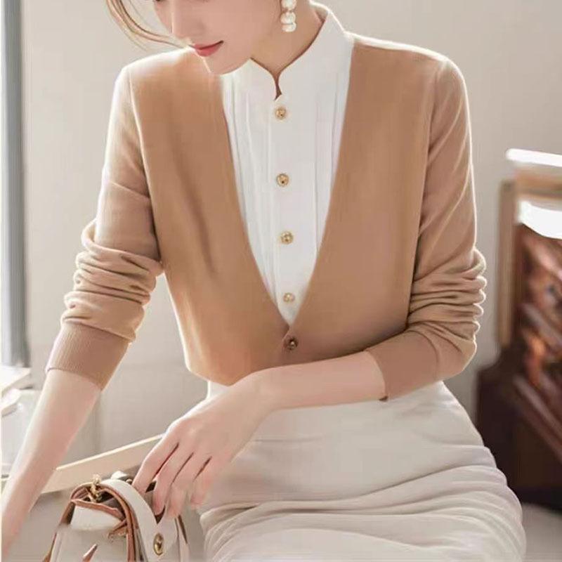 Autumn Winter Stand Collar Fake Two Pieces Knitting Patchwork Top Women Elegant Fashion Bottomed Sweater