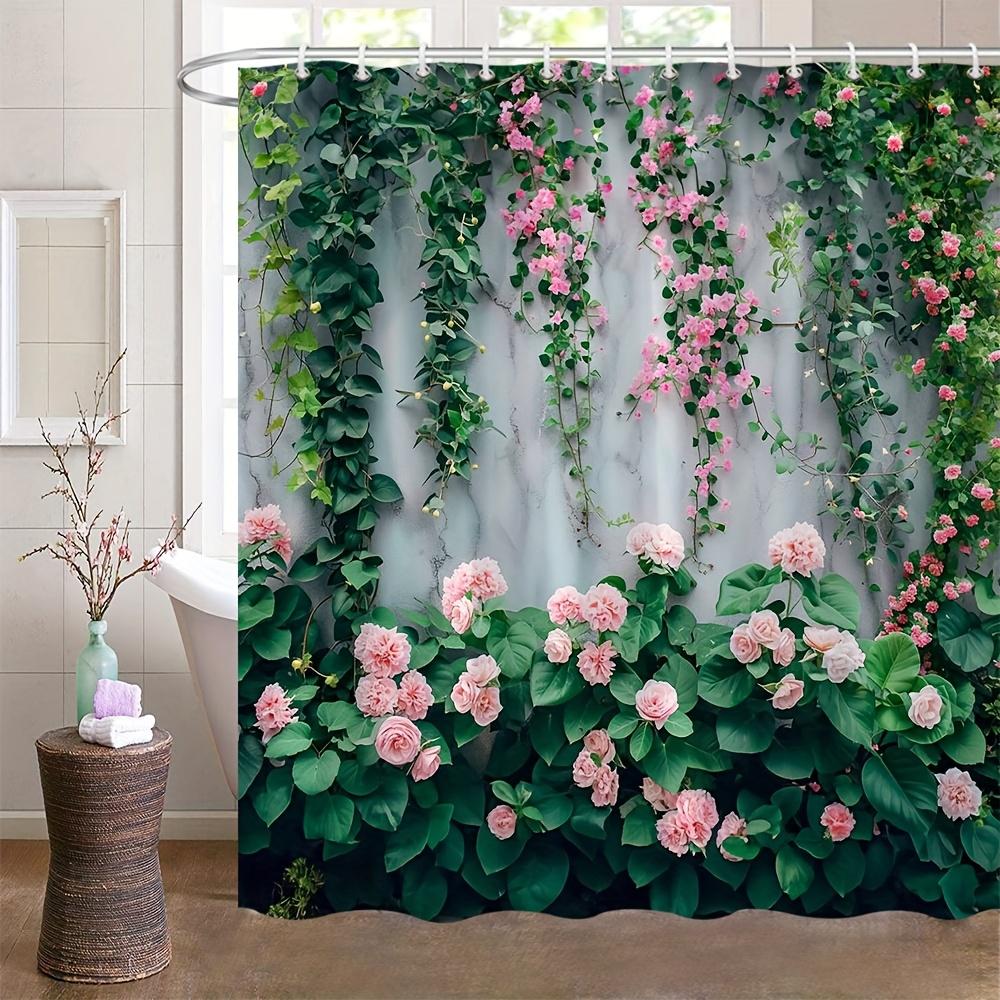 Romantic Floral Bath Curtain - Pink Roses & Green Vines; Waterproof Home Decor Adds Elegance And Beauty To Your Bathroom