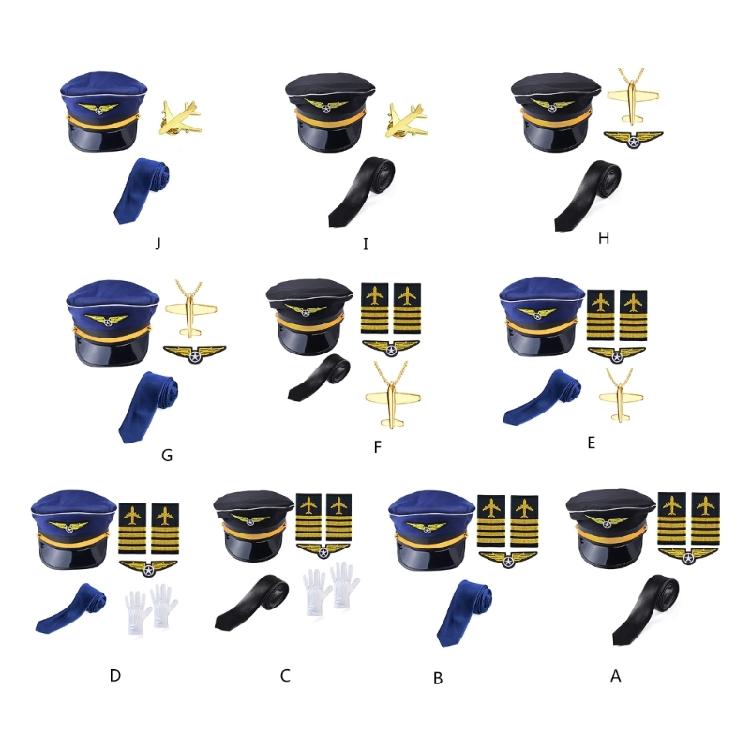 Flight Attendant Costume Airline Captain Outfits Captain Hat Uniform Epaulets Neck Tie Glove for Men Women Halloween