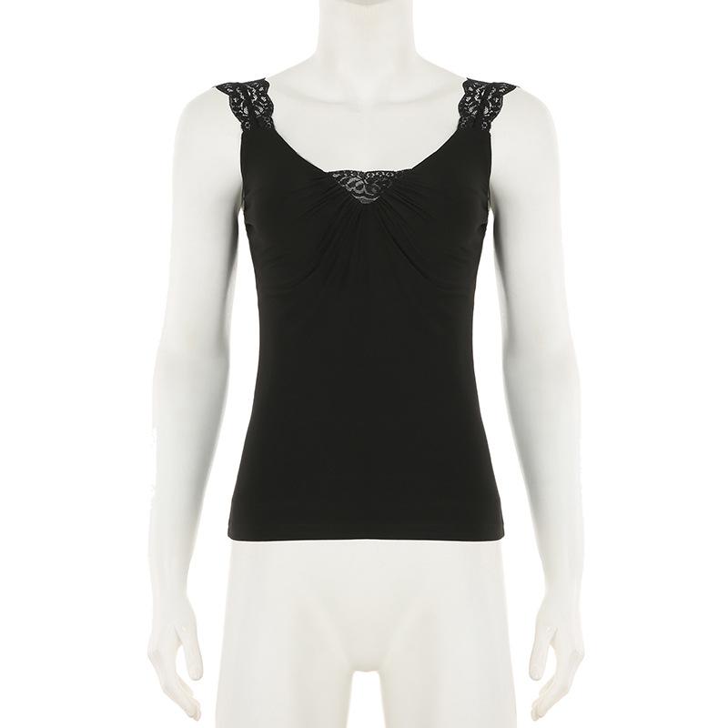 Women's Lace Splicing Pleated Chest Sexy V-neck Waist Slimming Hundred Bottoming Tank Tops