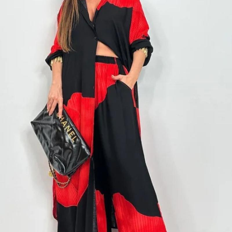 

Spring Summer Elegant Lady Set Fashion Printed Long Shirt Top + Wide Leg Pants 2-piece Outfit Casual Loose Oversized Women Sets XS чорний